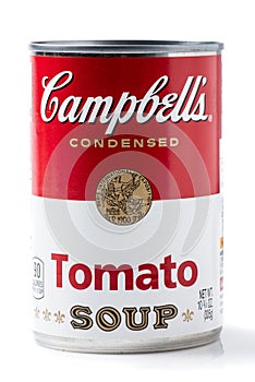 Tin can of CampbellÃ¢â¬â¢s brand tomato soup